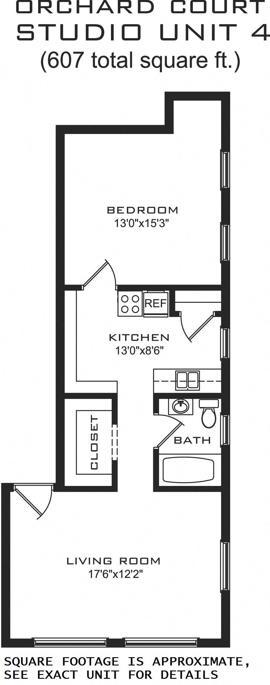 Floor plan for 1 bed, 1 bath, 607 sqft